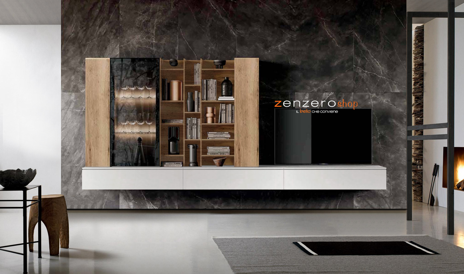 Parete attrezzata di alta qualità in finitura Bianco Opaco, Rovere Chiaro e Vetro fumè