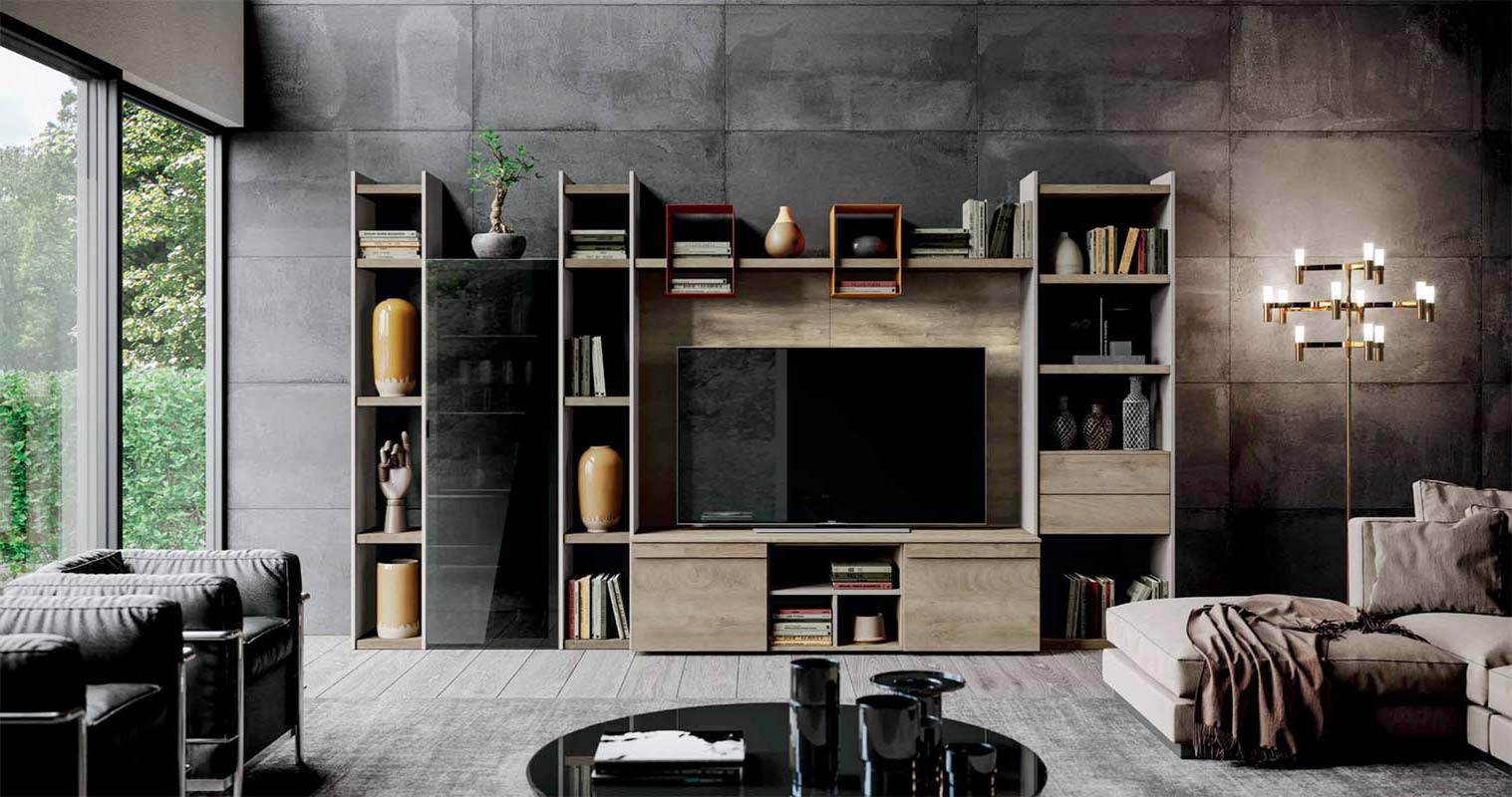 Parete attrezzata di alta qualità in finitura Grigio seta, Miele, Quercia e Rosso ossido