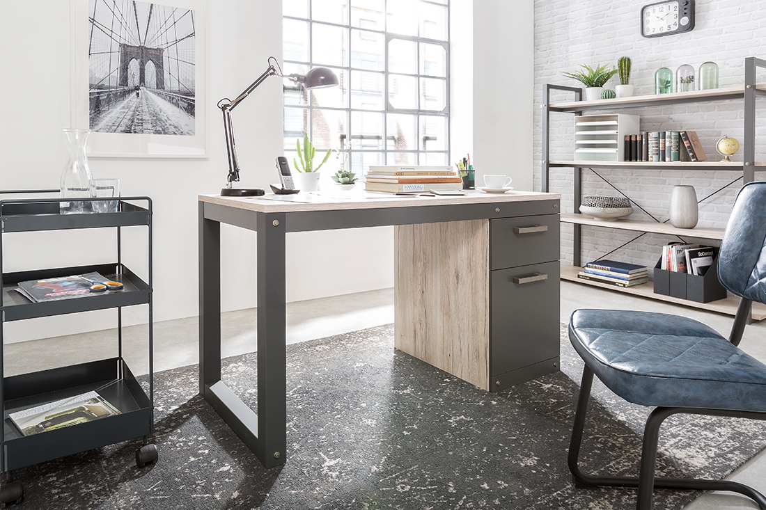 Scrivania industrial da ufficio con 1 cassetto e 1 anta in finitura Antracite e Quercia