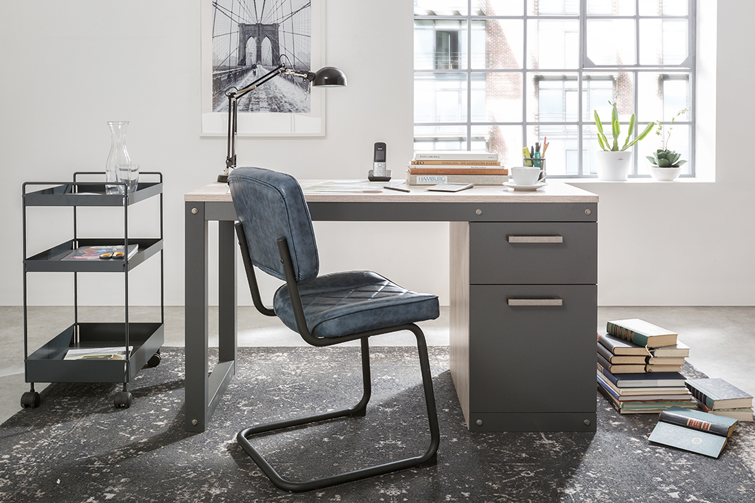 Scrivania industrial da ufficio con 1 cassetto e 1 anta in finitura Antracite e Quercia