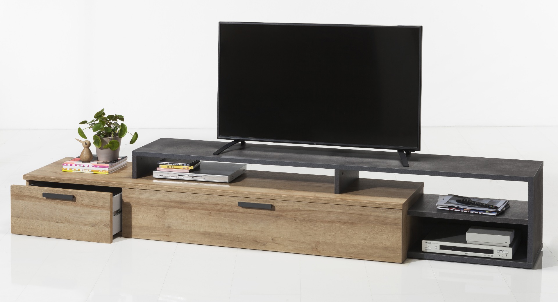 Base porta Tv industry  in finitura Grigio smoke e Rovere