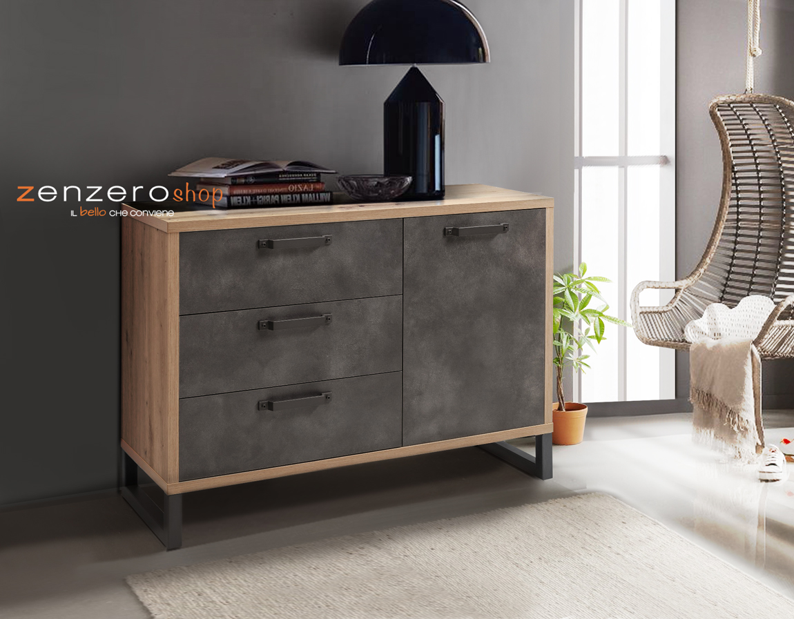 Madia/ comò Industry con 3 cassetti e un'anta in finitura Rovere e Grigio smoke