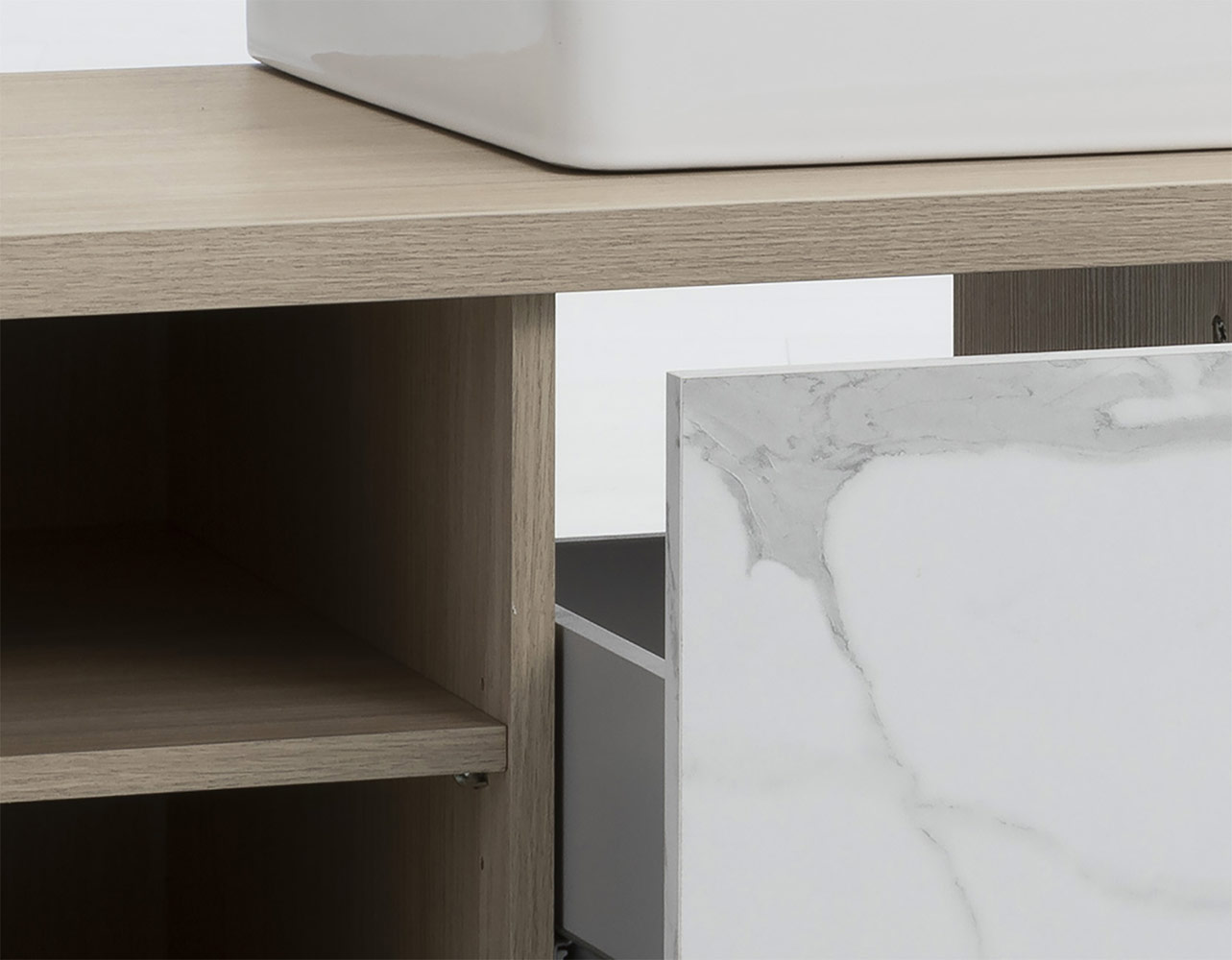 Mobile per il bagno, sottolavello con cassetto in finitura Rovere e Marmo bianco