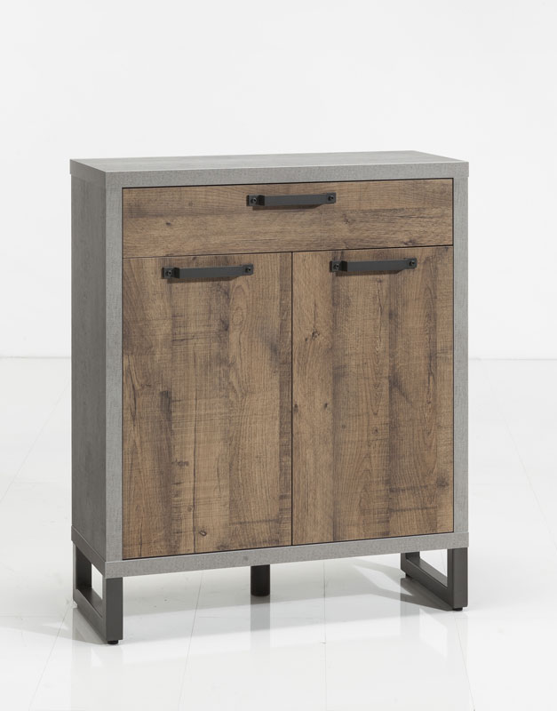 Composizione d'ingresso Industry con Armadio, Panca e Scarpiera, Cemento e Rovere invecchiato