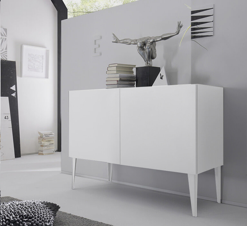 Credenza Moderna, Madia di Design, 2 ante, Bianca opaco con piedini