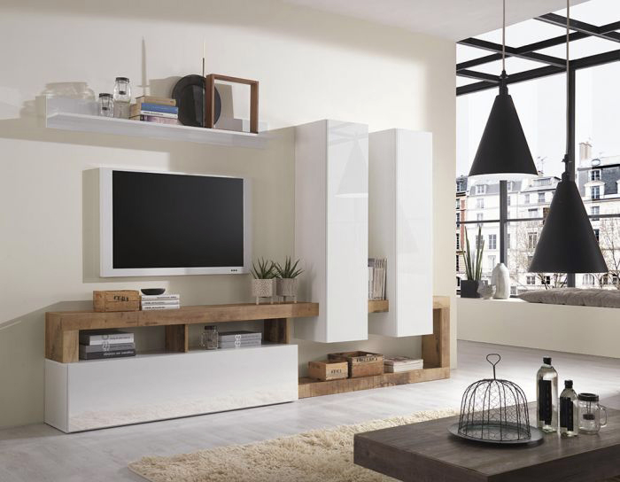 Parete attrezzata con 2 pensili veriticali, una ribalta e una mensola in finitura bianco laccato lucido e pero