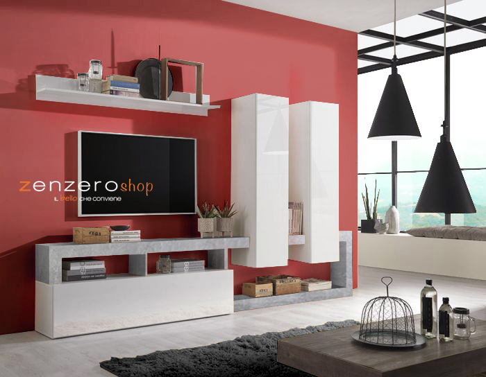 Soggiorno moderno con parete attrezzata e madia a 2 ante in finitura bianco lucido e cemento