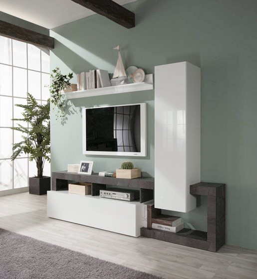 Parete con pensili ossido e bianco lucido, design moderno