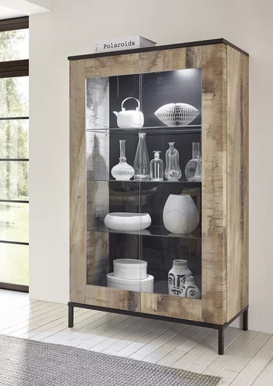 Soggiorno Industry con madia 4 ante, porta tv e vetrina in finitura nero bruciato e pero