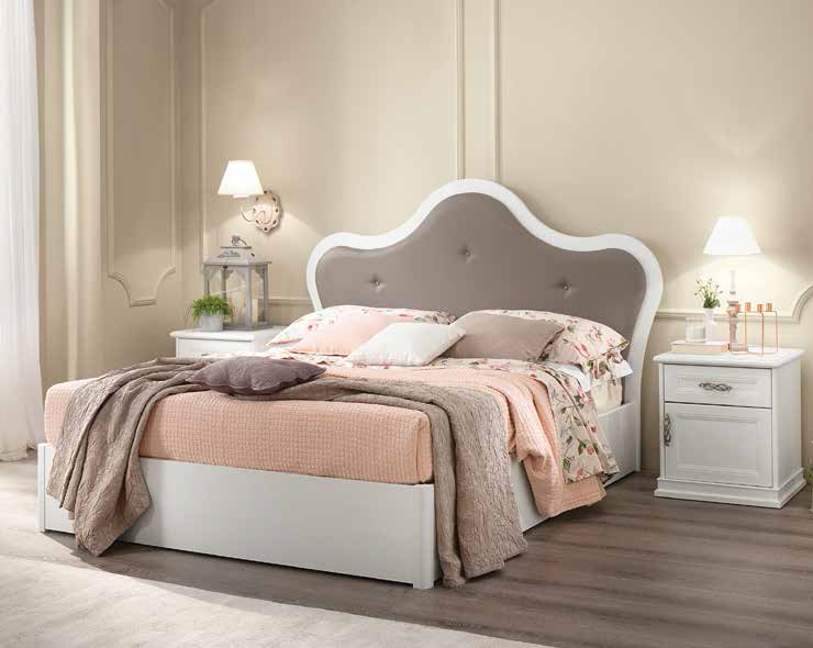 Letto matrimoniale contenitore Elisabetta con testata retrofinita imbottita in ecopelle in finitura Bucaneve e Tenda