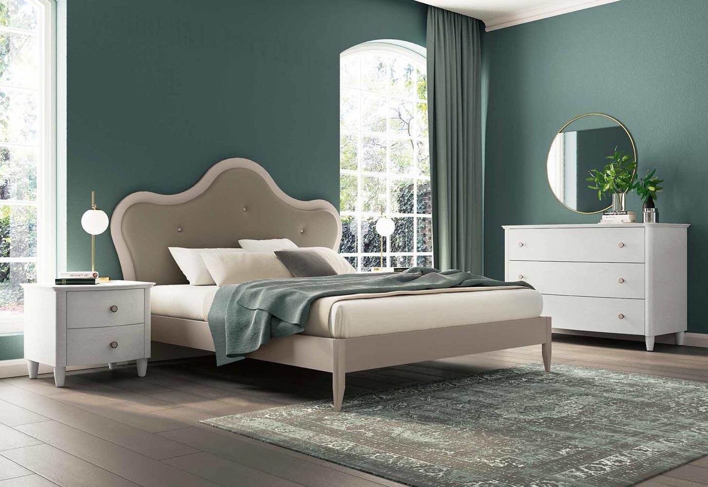 Letto matrimoniale Elisabetta con testata retrofinita imbottita in ecopelle in finitura Canapa e Tenda