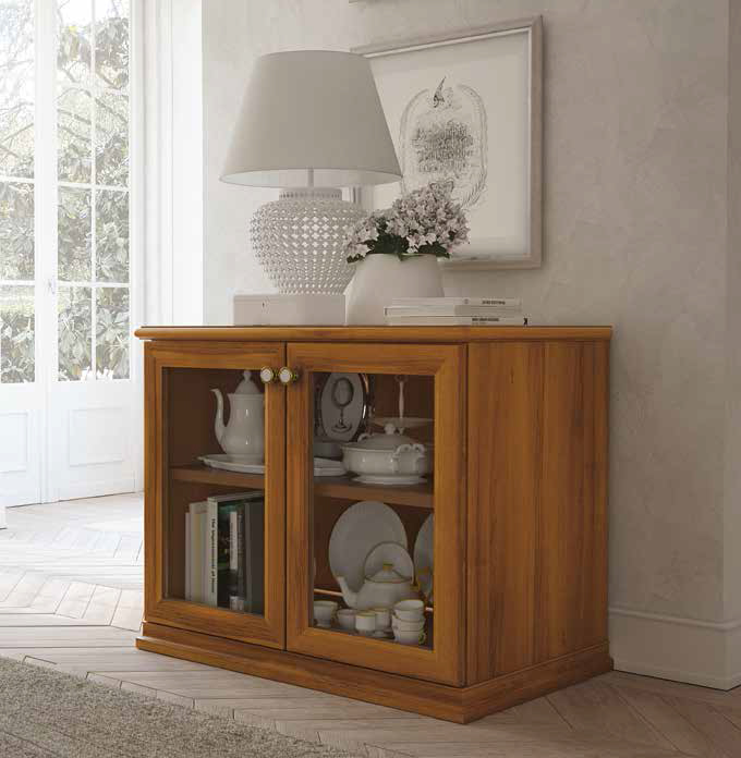 mobile buffet, credenza classic con 2 ante vetro, finitura noce sorrento Zenzero Shop