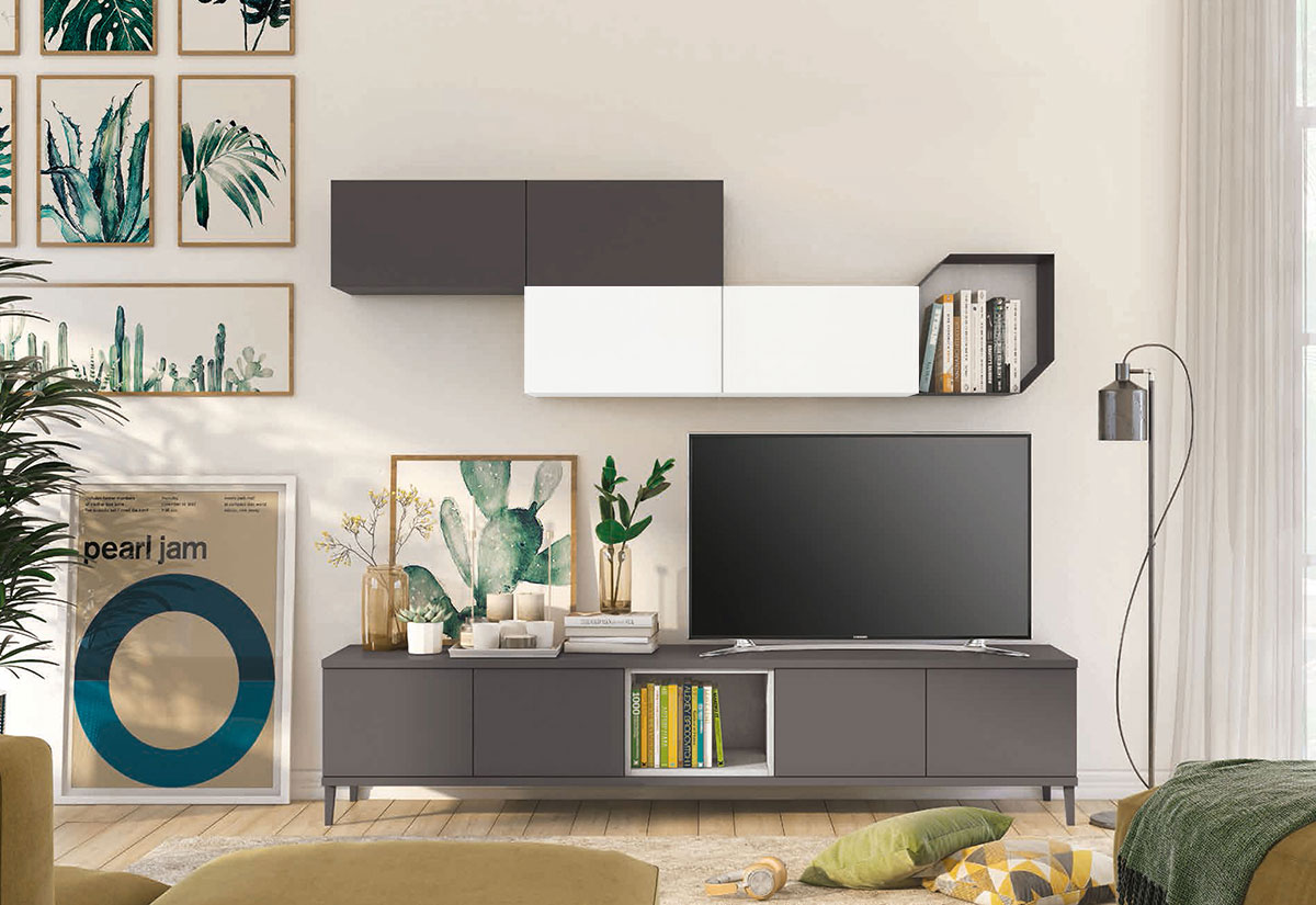 Parete attrezzata per la zona living, Grigia titanio con pensile Bianco Opaco