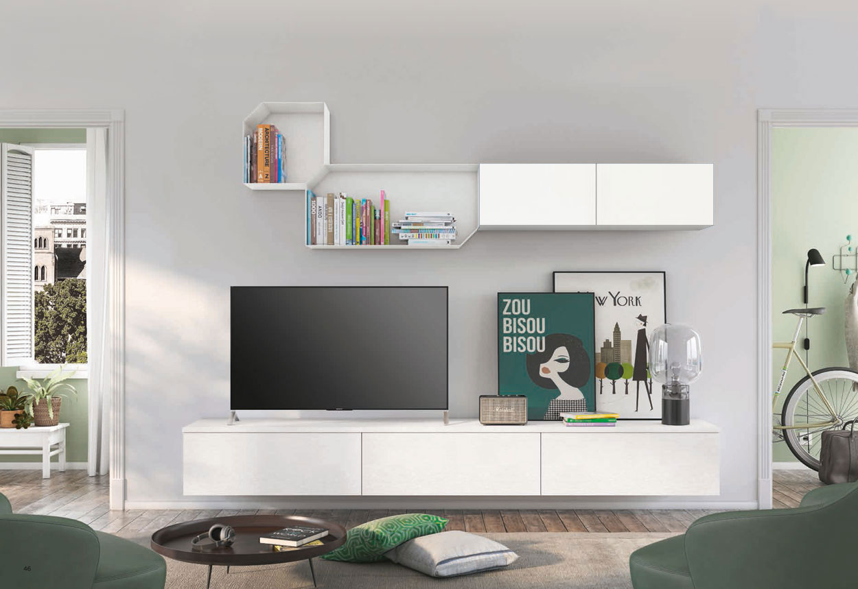 Parete attrezzata sospesa per zona living, rovere bianco e bianco opaco