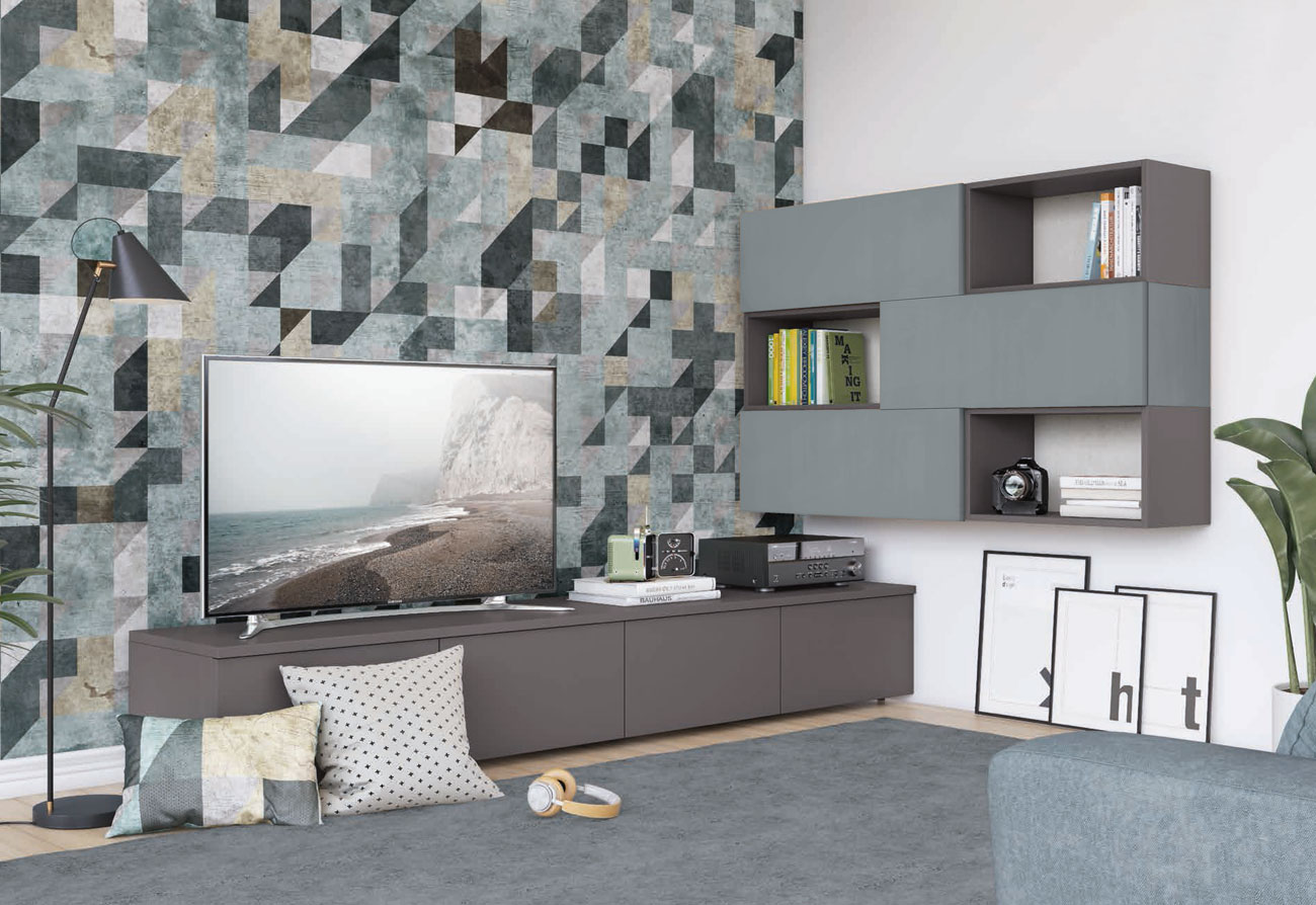 Parete attrezzata ad angolo con base TV e pensili con vani a giorno, titanio e rovere gesso