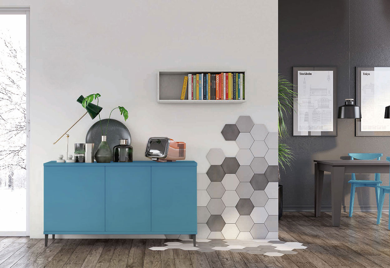 Madia moderna per soggiorno, finitura Rovere gesso con piedini in titanio