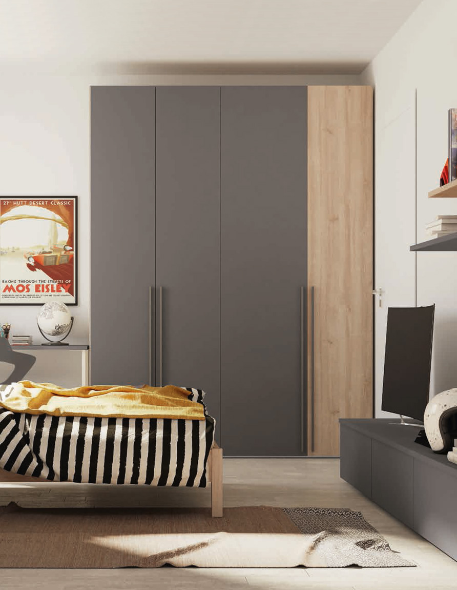 Armadio moderno 4 ante battenti H.257 color Grigio Titanio e Royal Oak