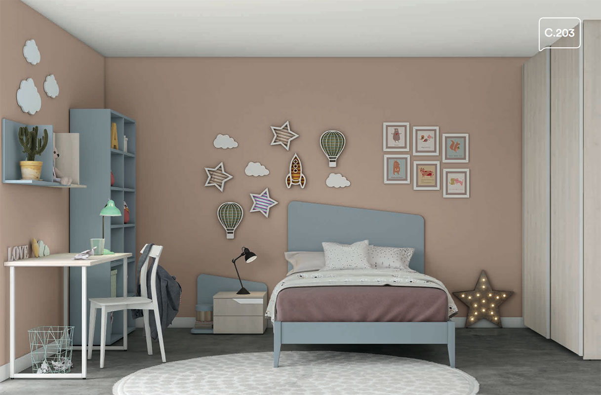 Cameretta moderna per ragazzi in finitura Cadaques e Noce brina