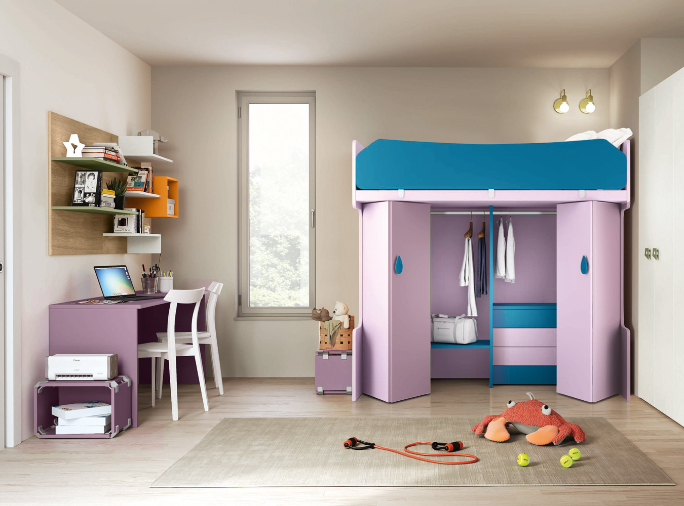 Letto a castello con armadio inferiore in finitura Cadaques e Papaya