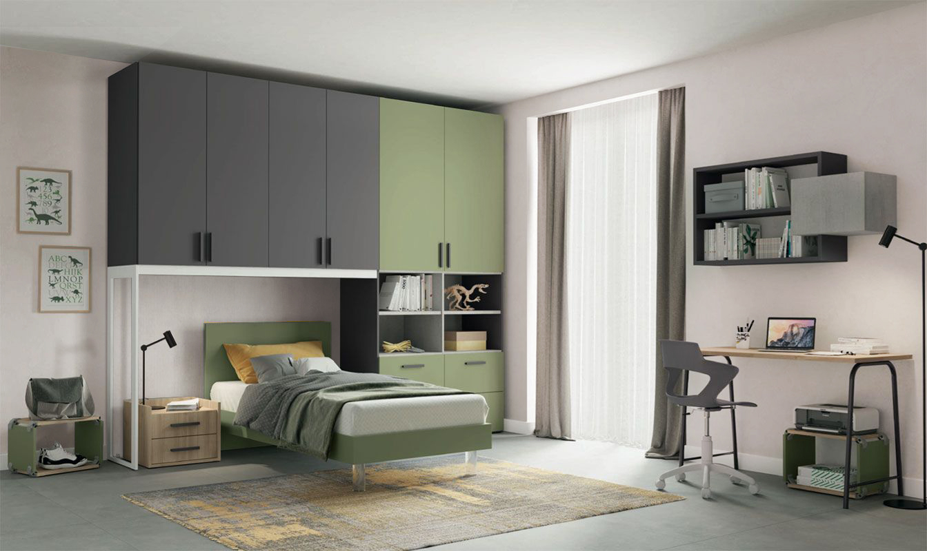 Armadio a ponte con 6 ante battenti in finitura Grigio titanio e Oliva