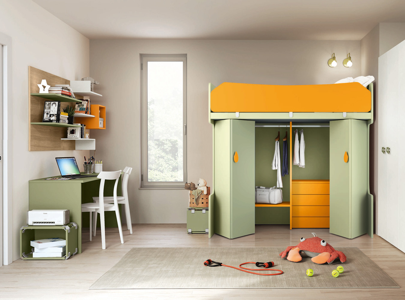 Letti a castello 1 posto letto e un armadio, Papaya e Oliva