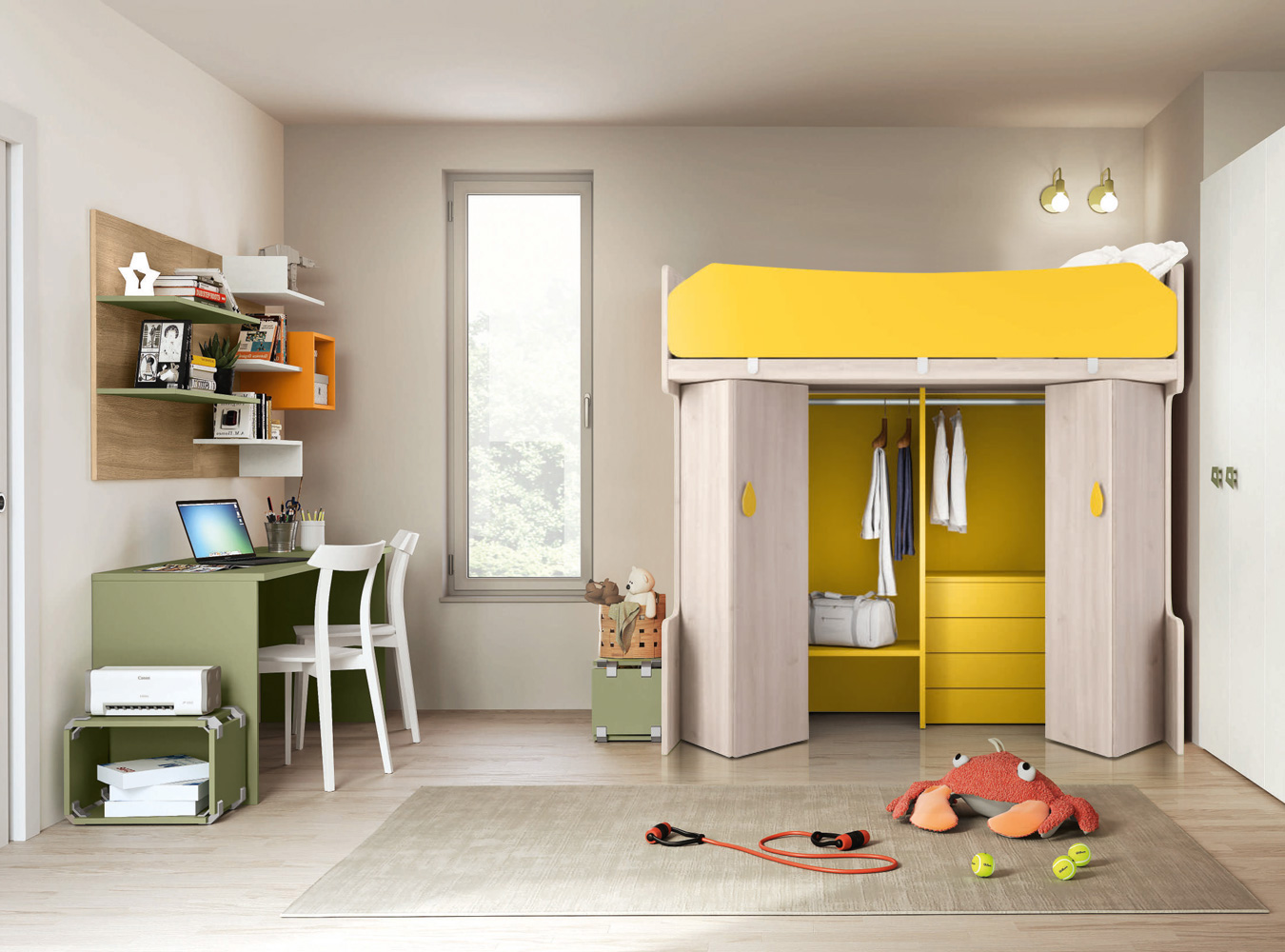 Letto a castello con armadio inferiore in finitura Cadaques e Papaya
