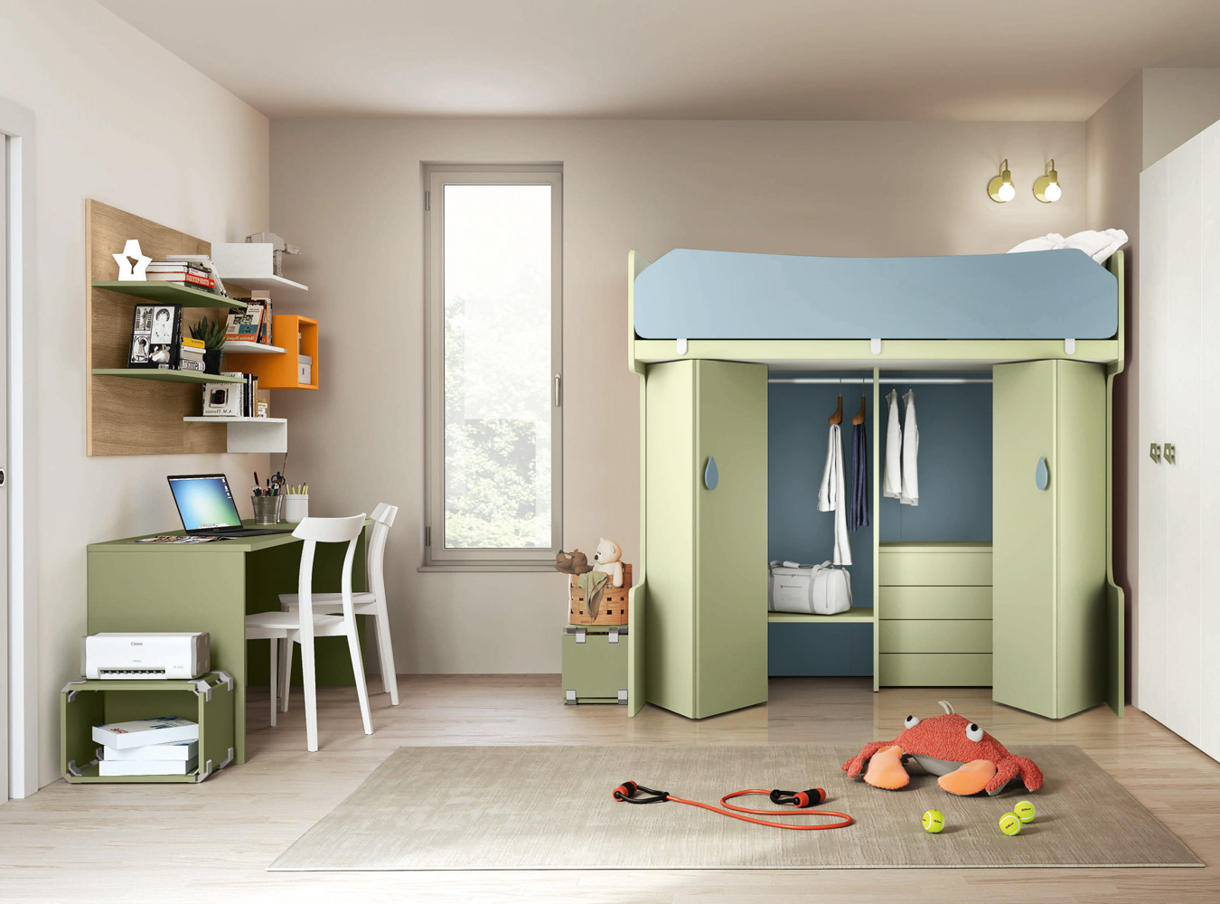 Conveniente Letto a soppalco con armadio inferiore in finitura Noce brina e Oliva