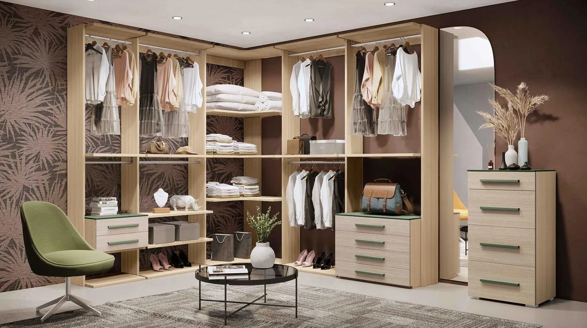 Cabina a giorno angolare per camere da letto, Rovere ambra e Salvia