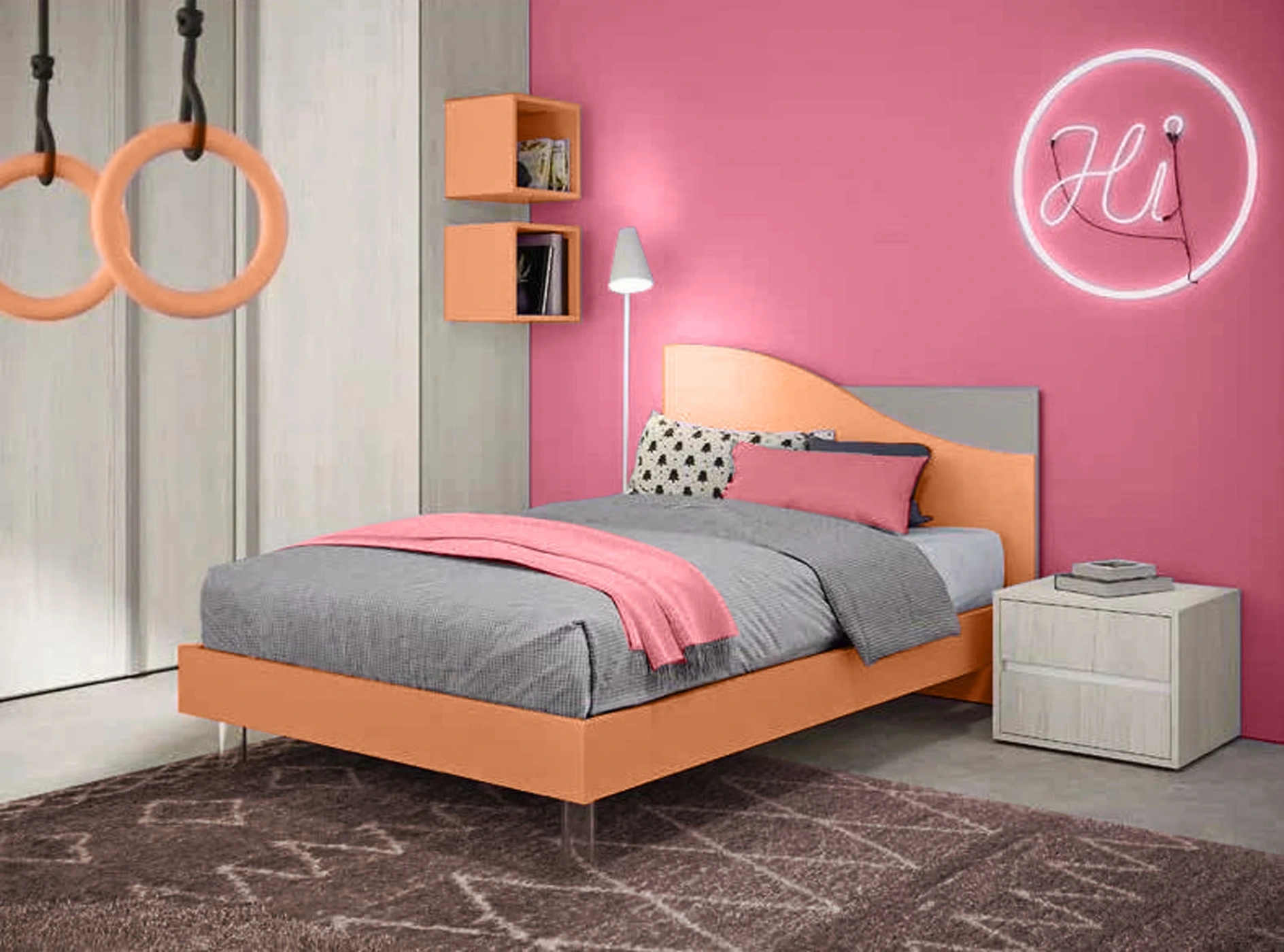 Cameretta completa con armadio angolare, finitura Rovere gesso, Grigio dorian e Papaya