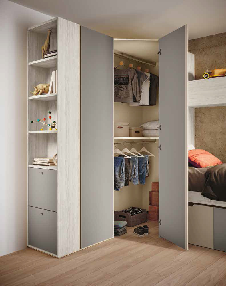 Cameretta con armadio ad angolo, finitura Bianco altea, Grigio seta e Orzo