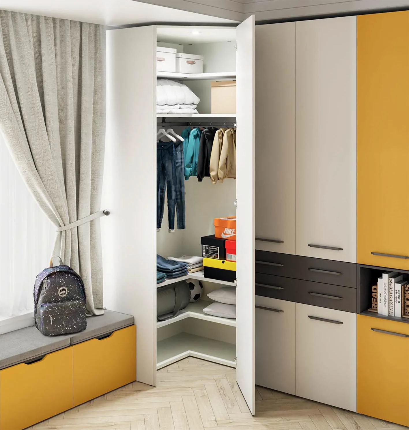 Armadio con cabina e cassetti, finitura Bianco luce, Antracite e Ocra Zenzero Shop