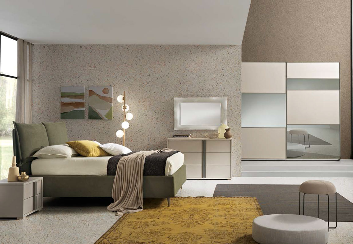 Camera matrimoniale con armadio, comò e comodini in Cachemire e Grigio londra