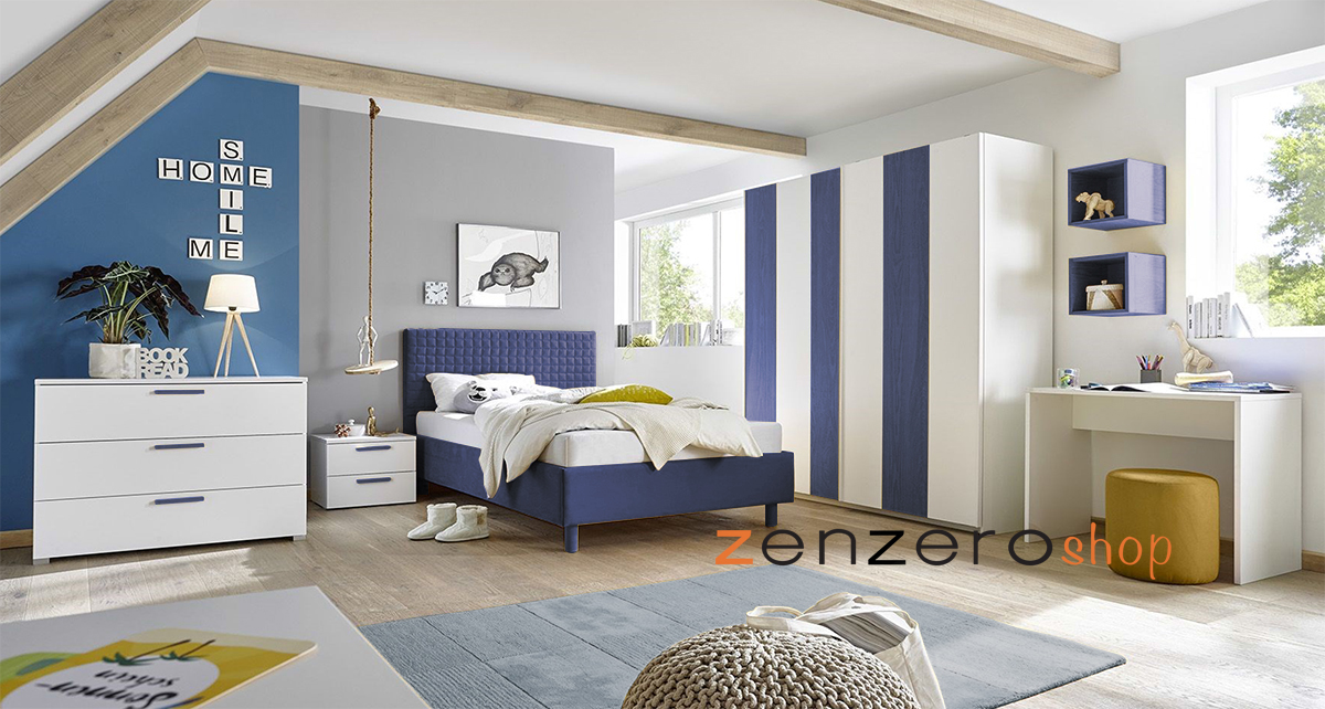 Cameretta moderna con letto imbottito e armadio vertigo blu H.230