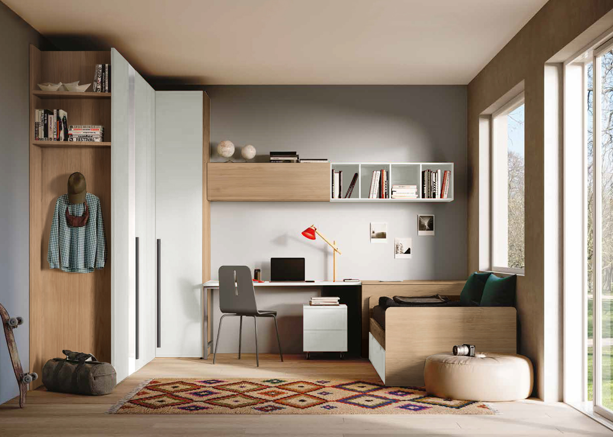 Cameretta per ragazzo in finitura Noce biondo e Bianco opaco