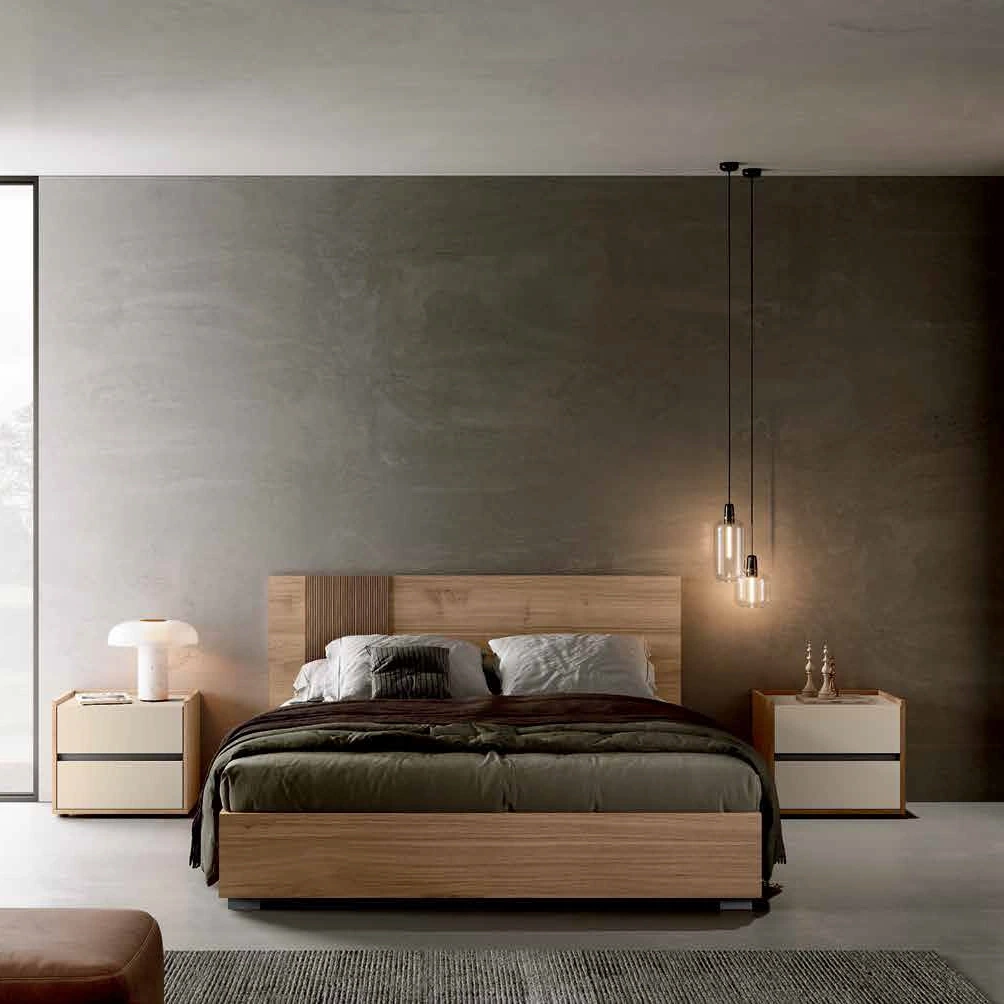 Camera matrimoniale con armadio scorrevole, Orzo, Noce biondo e Cannettato