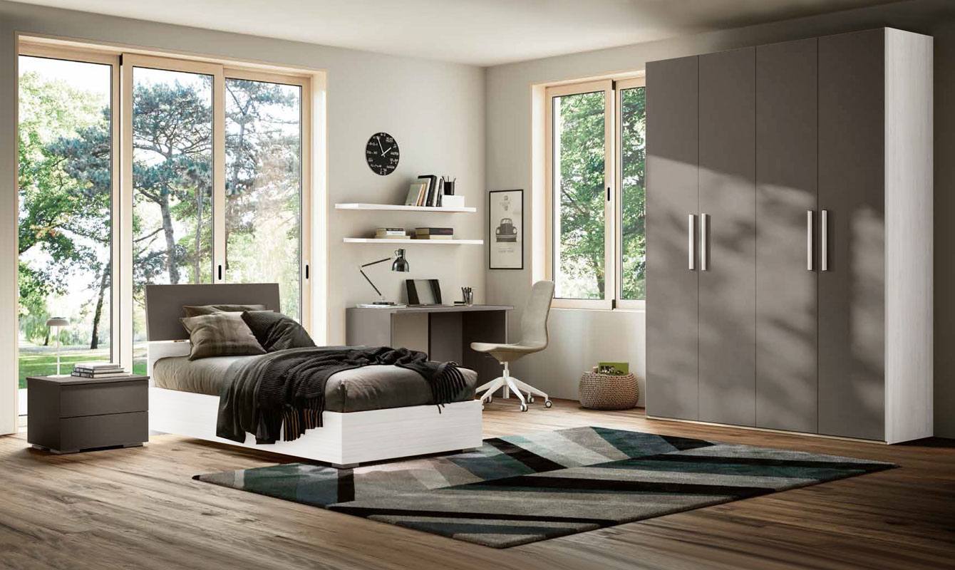 Camera completa ragazzi con letto singolo, Bianco e Grigio cenere