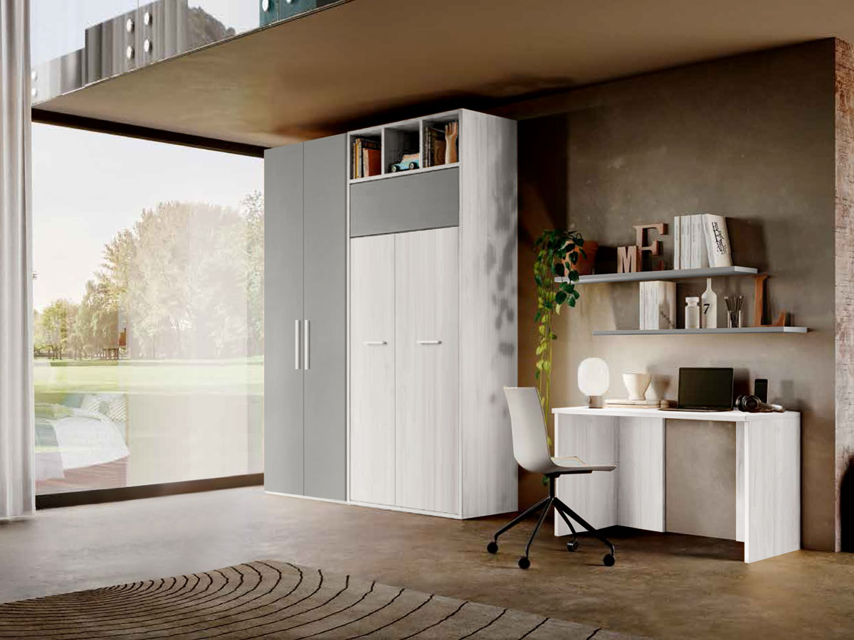 Cameretta con letto salvaspazio, armadio a 2 ante e scrivania, Bianco altea e Grigio