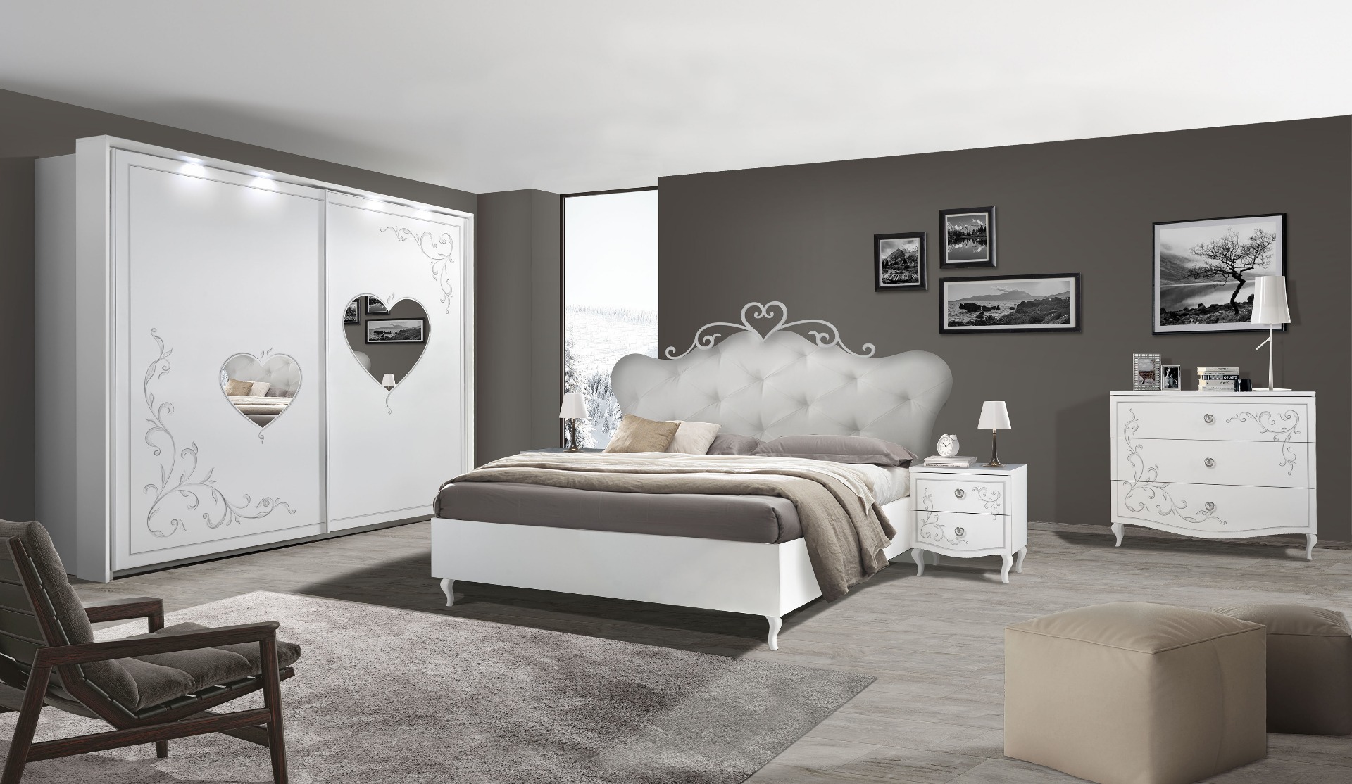 Armadio 2 ante scorrevoli con specchi a cuore e serigrafie in finitura Bianco 