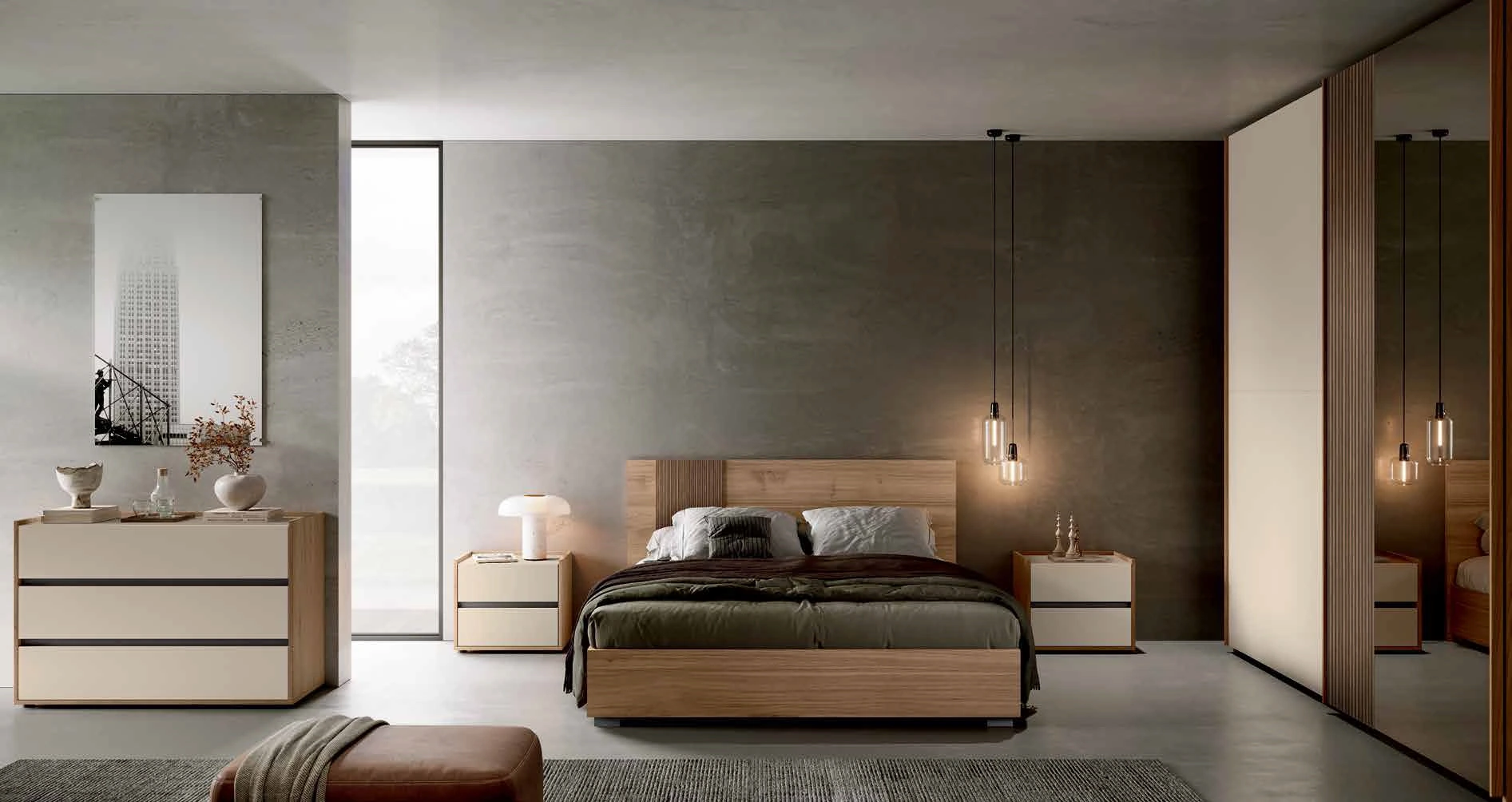 Camera matrimoniale con armadio scorrevole, Orzo, Noce biondo e Cannettato