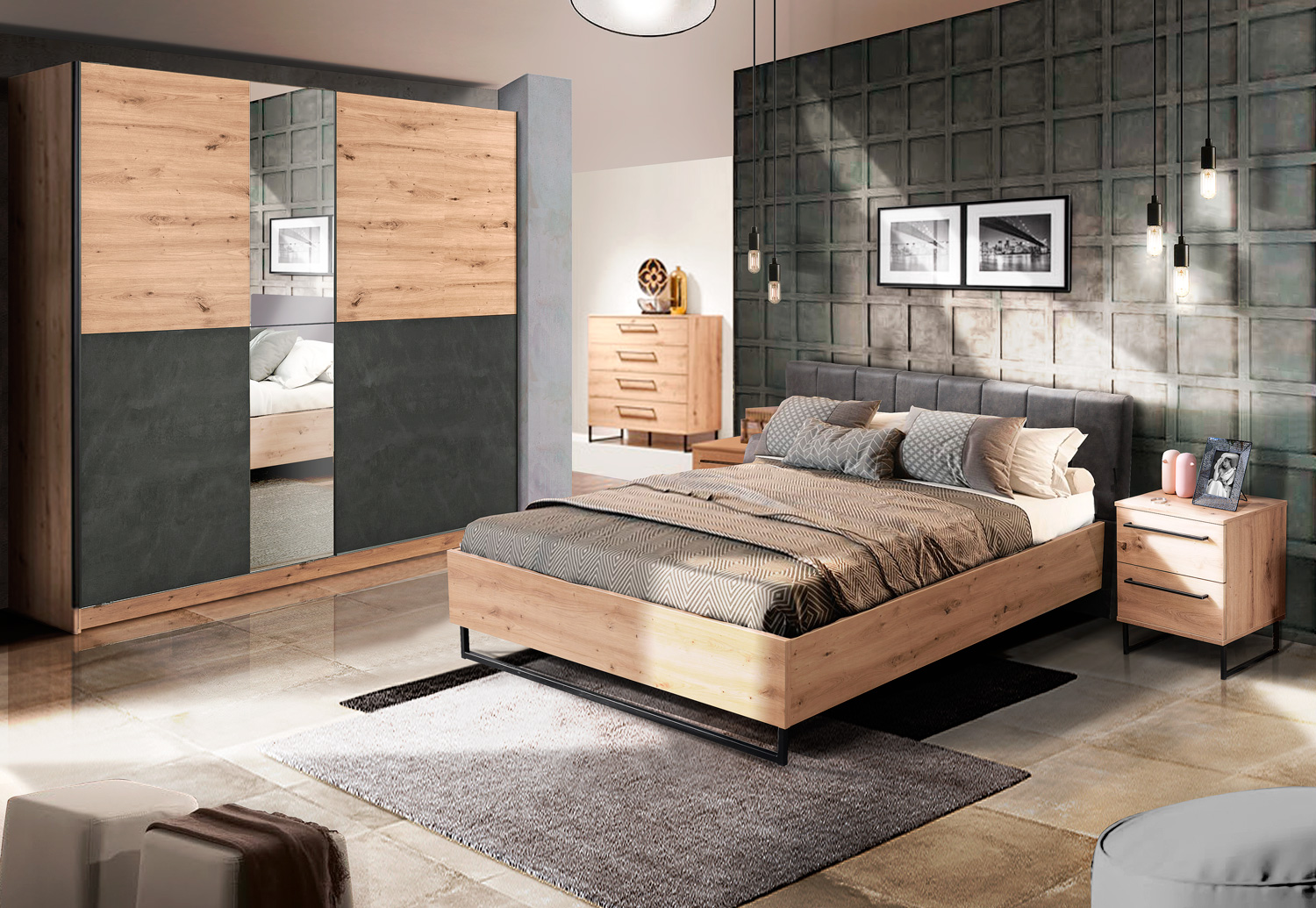 Cassettiera industry con 4 cassetti, finitura Rovere