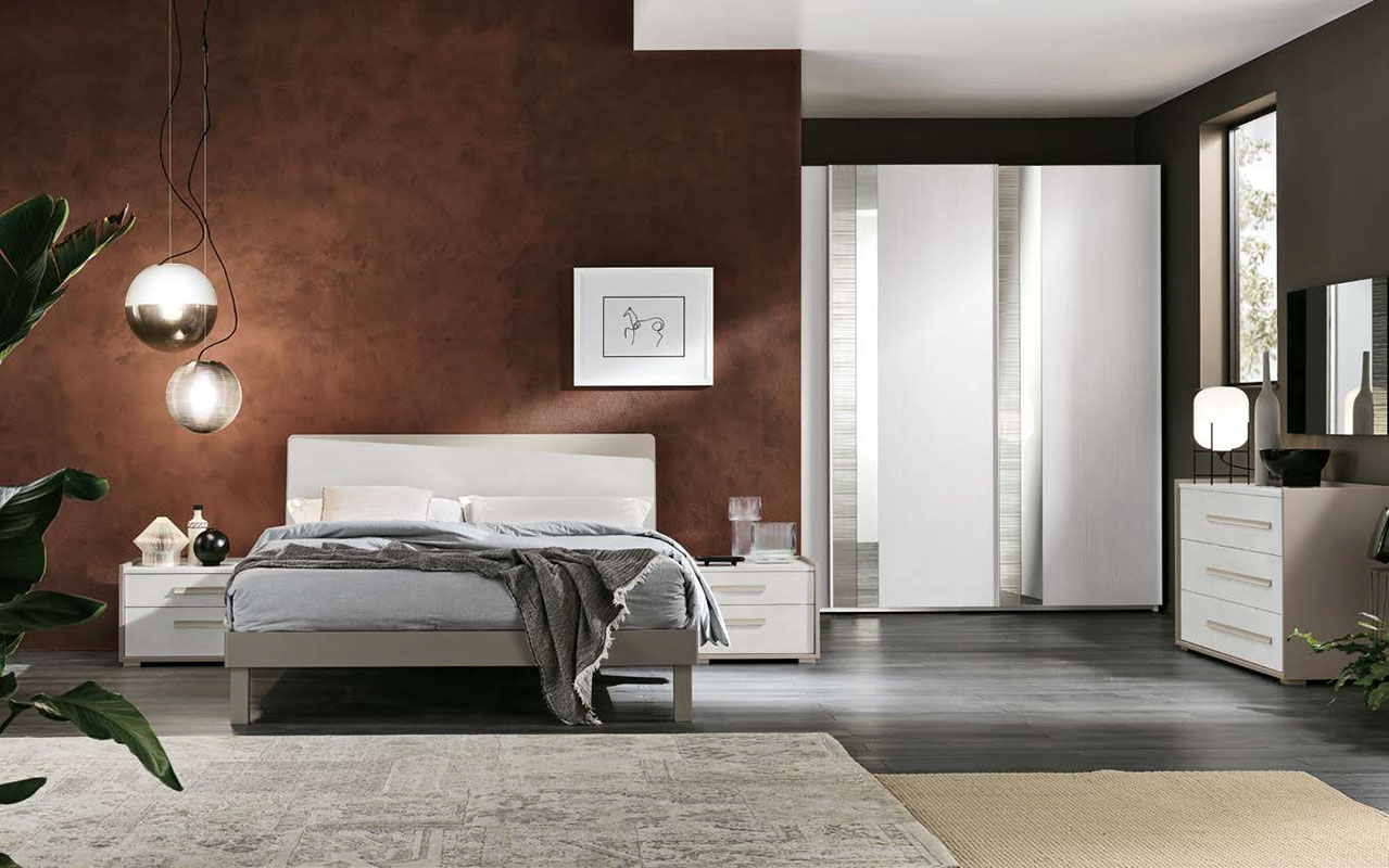 Camera da letto con armadio scorrevole 3 ante e set comò e comodini, finitura Cachemire e Noce bianco