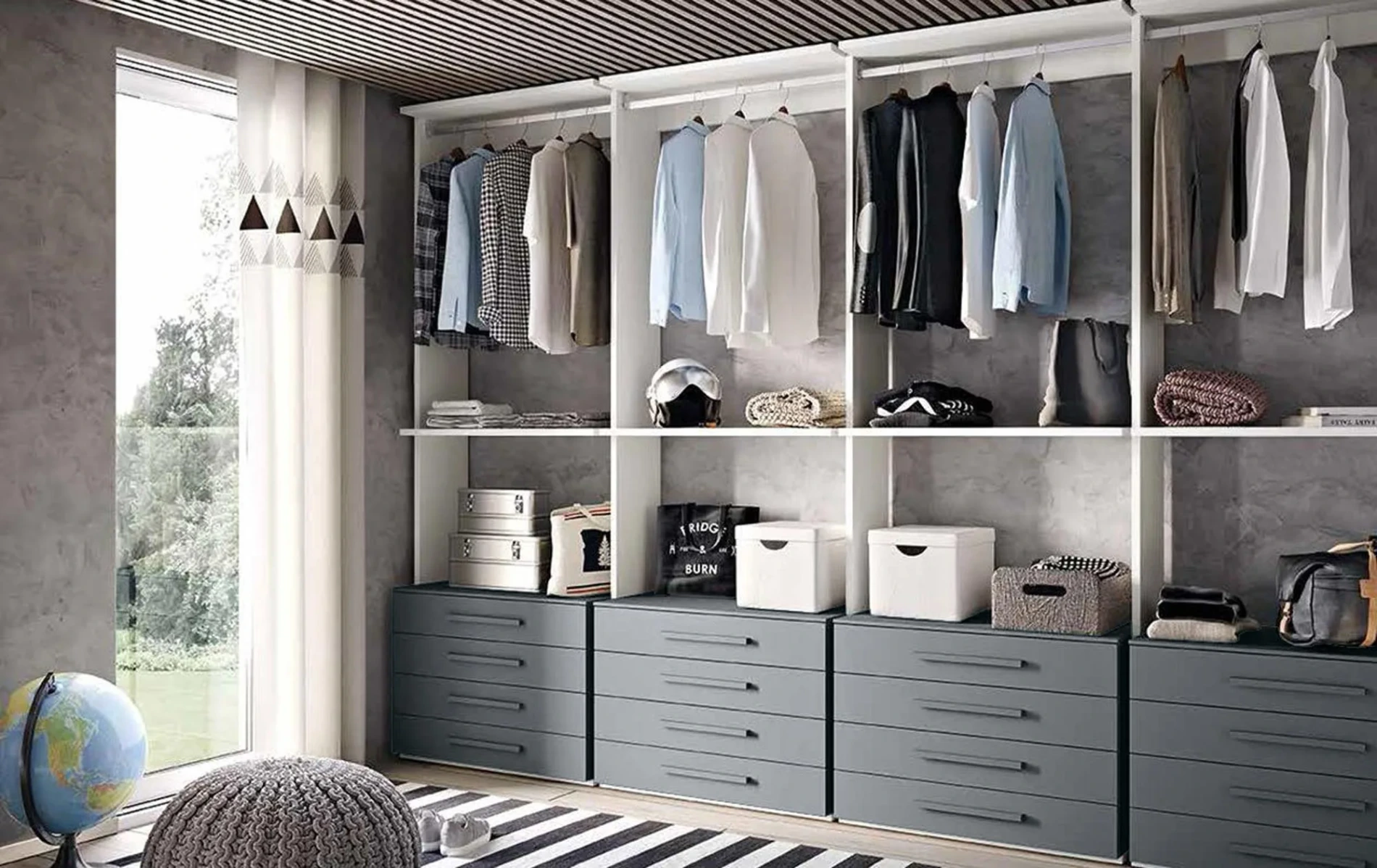 Camera con cabina armadio per ragazzi, finitura Blu reale e Bianco frassino