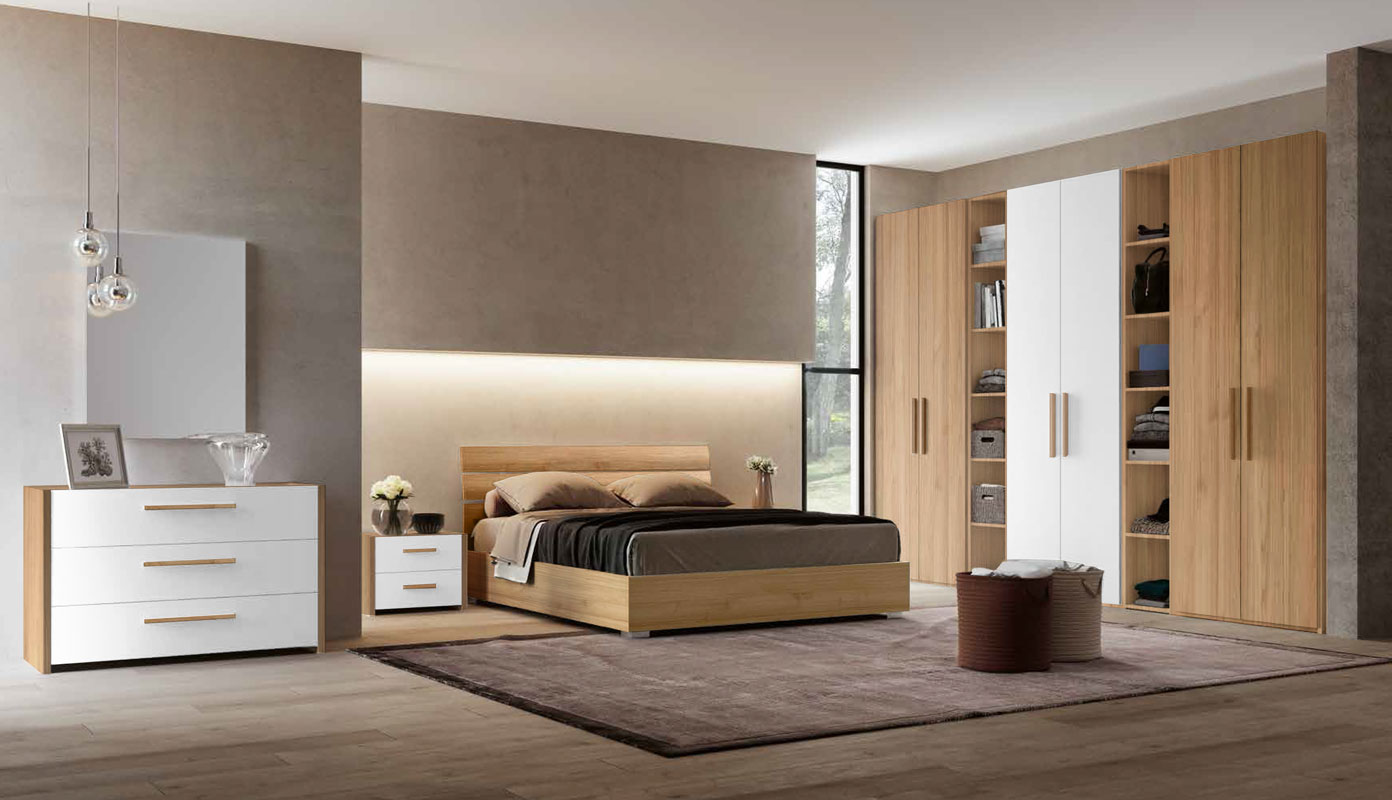 Camera matrimoniale con librerie, finitura Bianco opaco e Noce biondo