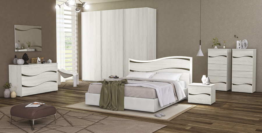 Camera da letto completa, finitura Olmo Bianco con dettagli Grigio Fango