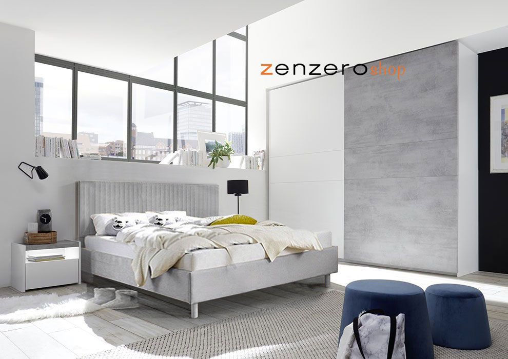 Camere matrimoniale Bianca Opaco e Beton con letto in tessuto, comodini e armadio H.248