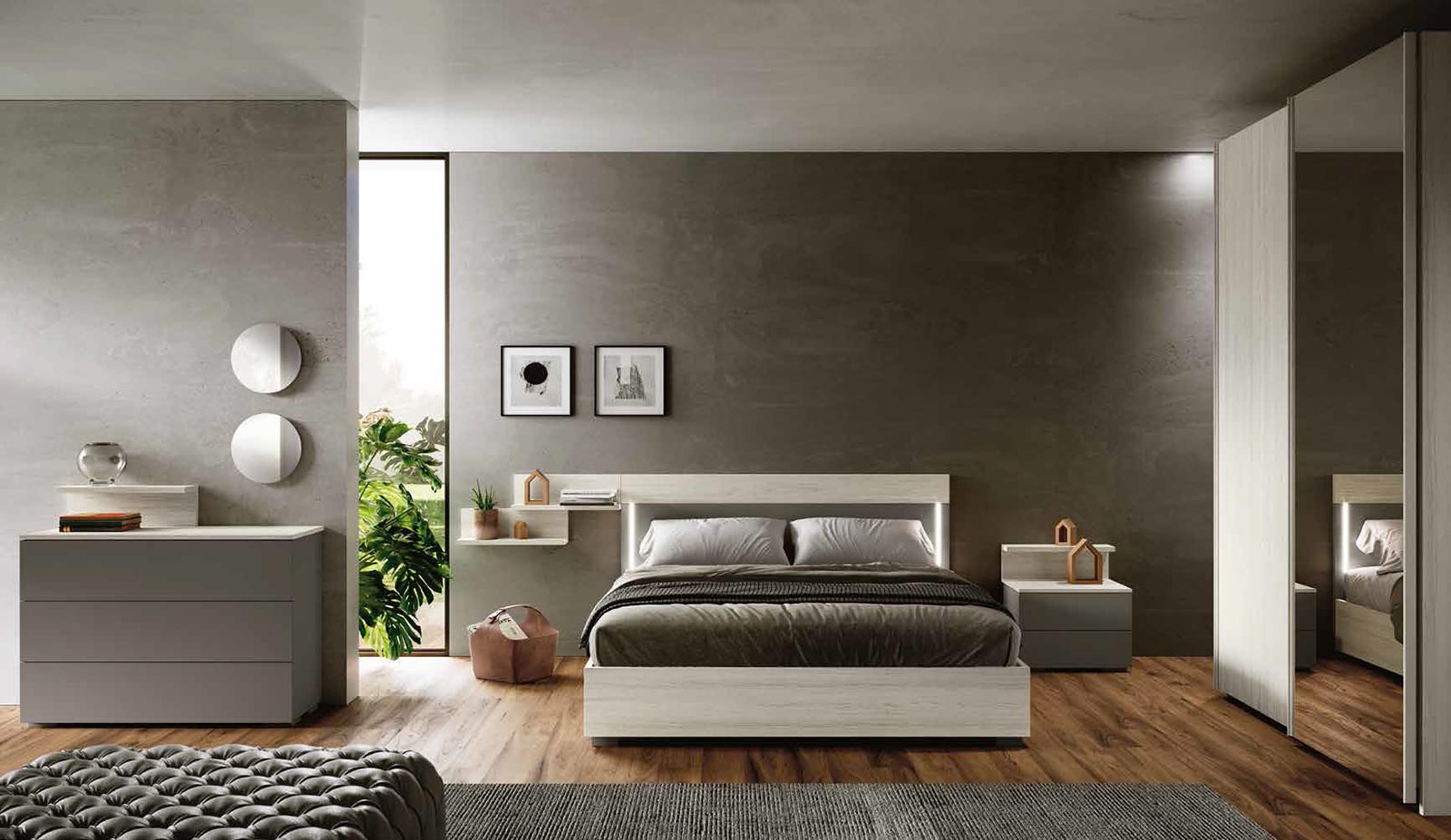 Camera con armadio scorrevole e letto matrimoniale, finitura Bianco altea e Grigio cenere