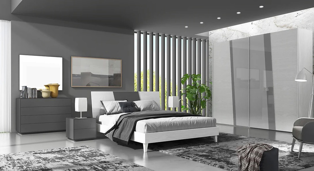 Armadio scorrevole Upupa in finitura Frassino gesso con dettagli vetro grigio chiaro