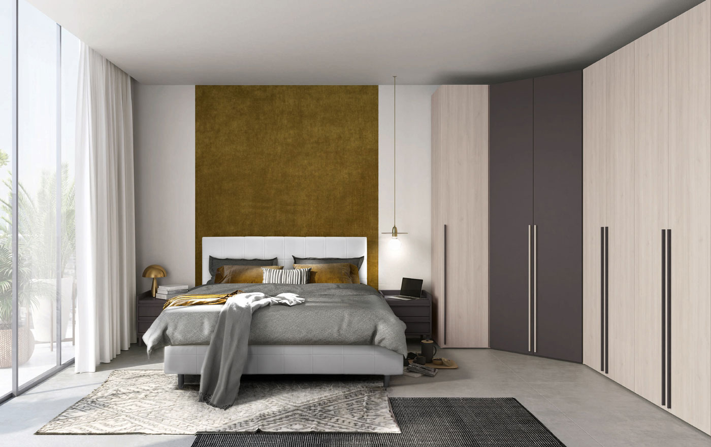 Camera completa con letto e armadio ad angolo in finitura Ciliegio bianco e Grigio titanio