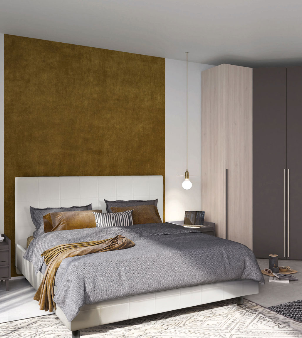 Camera completa con letto e armadio ad angolo in finitura Ciliegio bianco e Grigio titanio