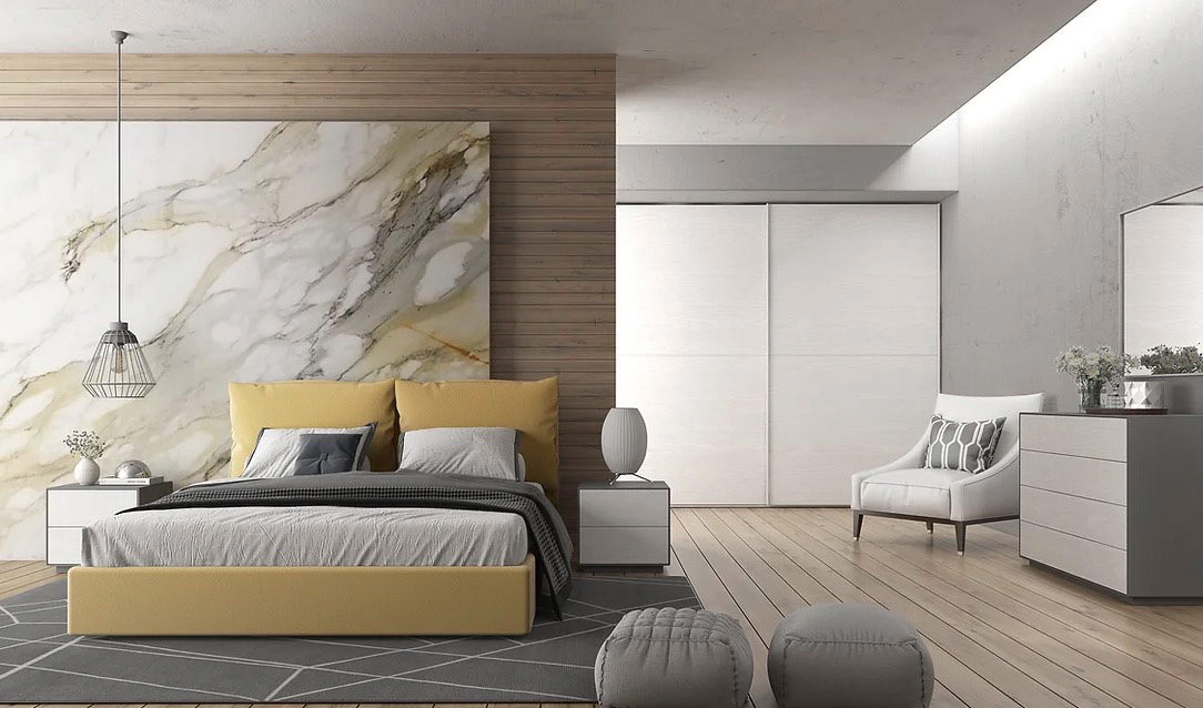 Camera da letto Ara con letto in ecopelle Giallo, Made in Italy